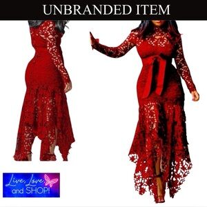 Red Hollow Floor-Length Lace-Up Asymmetrical Maxi Dress, EUC